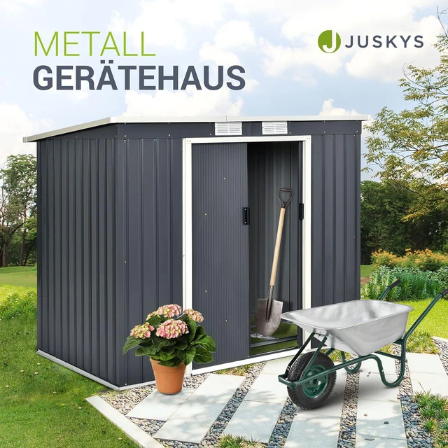 Hauptansicht Juskys Metall-Gerätehaus 4 m², 4 m², Pultdach, Schiebetür und Fundament