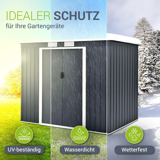 Hauptansicht Juskys Metall-Gerätehaus 4 m², 4 m², Pultdach, Schiebetür und Fundament