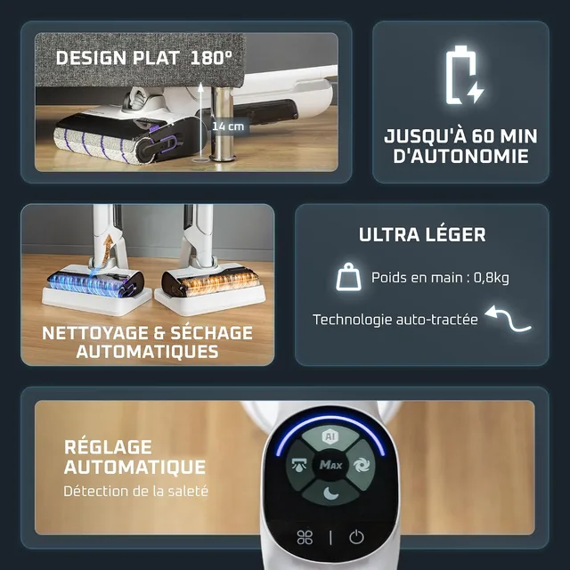 Funktionen des Rowenta X-Clean 10: Flachposition, Laufzeit, Selbstreinigung und automatische Anpassung